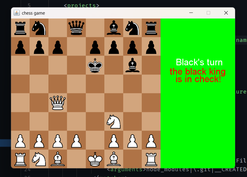 Chess game GUI screenshot when opponent is checked